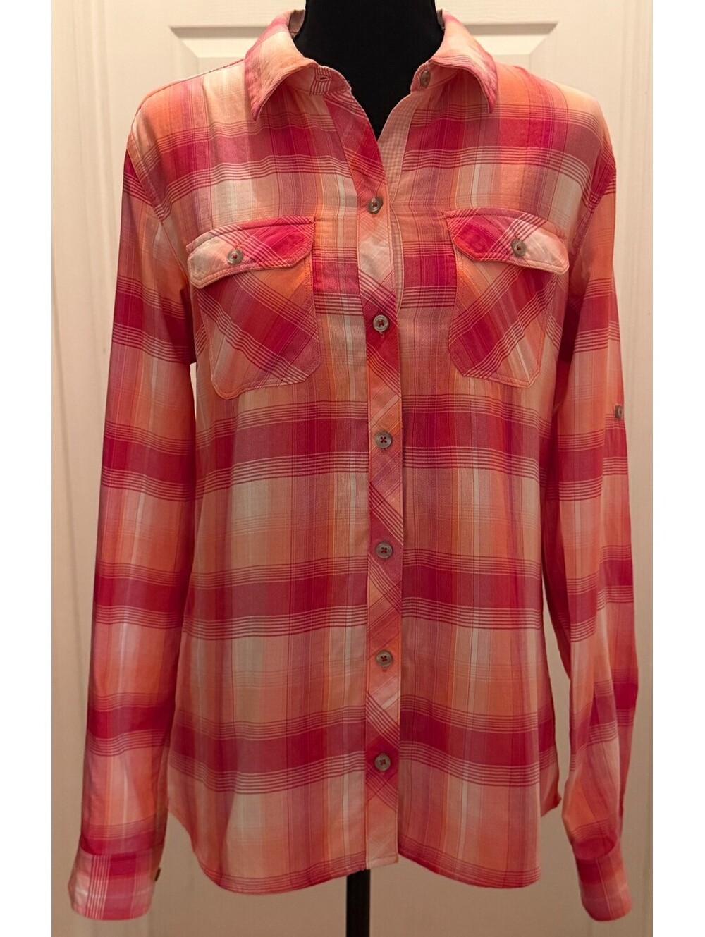 Marmot Womens Plaid Button Up Shirt Size M Medium Pink Orange Long Sleeve Hiking